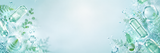 A light blue and white cosmetic-style background with translucent capsules, water droplets, and green botanical leaves arranged along the left and right edges, leaving a blank center.