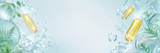 A light blue and white graphic banner featuring translucent golden-yellow capsules floating in splashing water, surrounded by clear bubbles, green fern leaves, and ice cubes.
