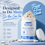White bottle of BioTonix Bio B-Complex capsules open with capsules spilling out alongside key benefits for daily energy and absorption.