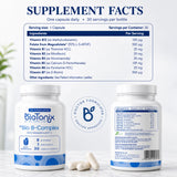 BioTonix Bio B-Complex supplement facts label showing exact vitamin dosages, serving size, and bottle back details.