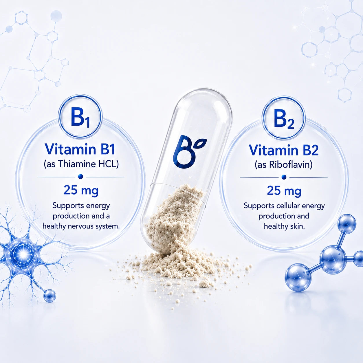 BioTonix Bio B-Complex graphic detailing 25mg Vitamin B1 Thiamine HCL and 25mg Vitamin B2 Riboflavin beside an open capsule.