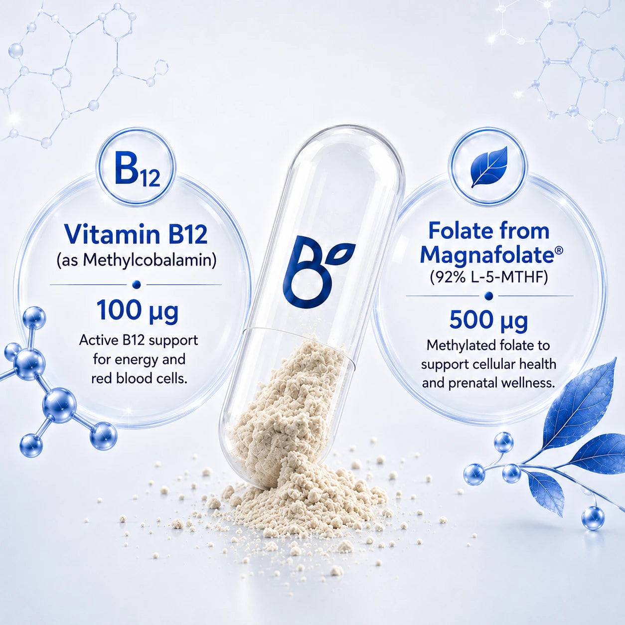 BioTonix Bio B-Complex graphic showing Vitamin B12 100mcg as Methylcobalamin and Folate 500mcg from Magnafolate beside an open capsule.