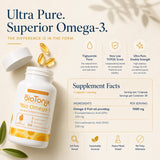 BioTonix Bio Omega-3 bottle next to supplement facts panel highlighting 1000mg fish oil, EPA, DHA, and key purity features.