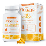 BioTonix Bio Omega-3 double-strength marine oil supplement bottle standing in front of its product packaging box.