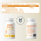 Front and back view of BioTonix Bio Omega-3 bottle displaying supplement facts panel and dosage instructions.