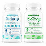 BioTonix BioBase 5-in-1 and BioSpore probiotic immune defense bundle supplement bottles side by side
