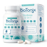BioTonix BioBase 5-in-1 supplement bottle and box containing 90 capsules with Vitamin C, D3, K2, Magnesium, and Zinc.