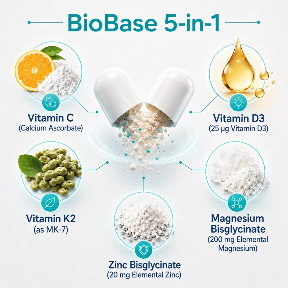 BioTonix BioBase 5-in-1 formula overview graphic displaying Vitamin C, Vitamin D3, Vitamin K2 MK-7, Magnesium Bisglycinate, and Zinc Bisglycinate around an open capsule.