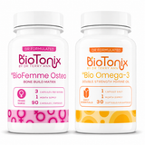 BioTonix BioFemme Osteo Bone Build Matrix and Bio Omega-3 bone density bundle supplement bottles side by side
