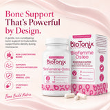 BioTonix BioFemme Osteo bottle and box highlighting key benefits including non-constipating blend, calcium metabolism, and bone density support.