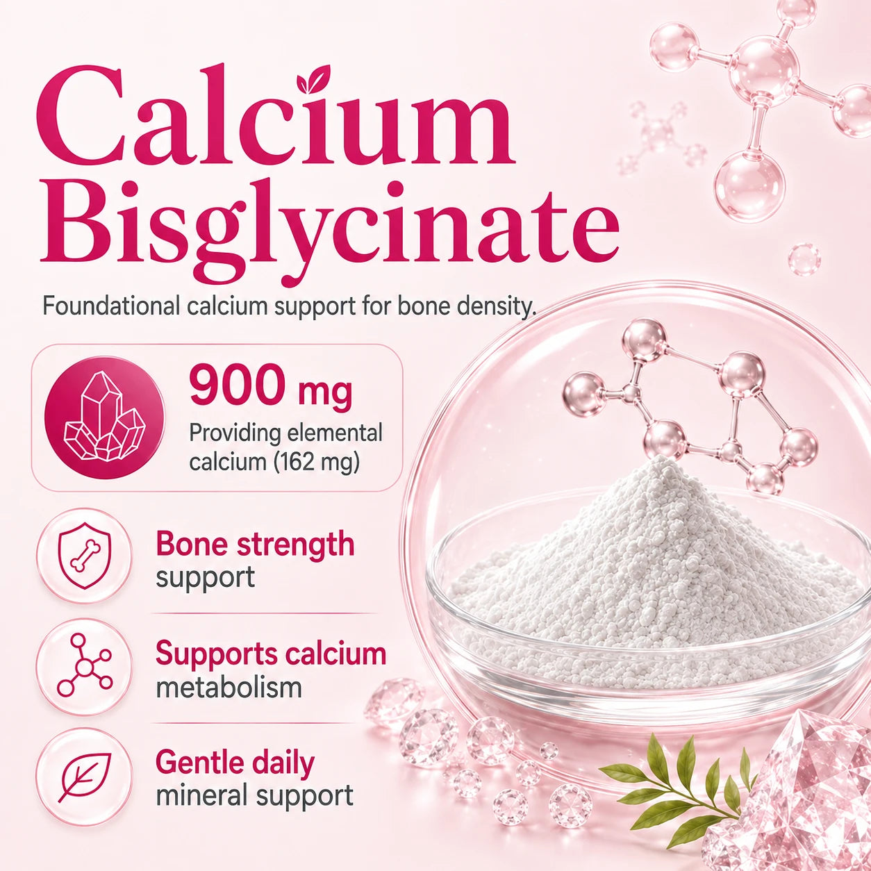 BioTonix BioFemme Osteo 900mg Calcium Bisglycinate powder graphic for bone strength and calcium metabolism support.