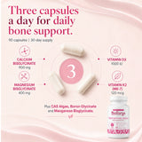 Three BioFemme Osteo capsules surrounded by key ingredient dosages including Calcium Bisglycinate 900mg, Magnesium 400mg, Vitamin D3, and K2 MK-7 for daily bone support.