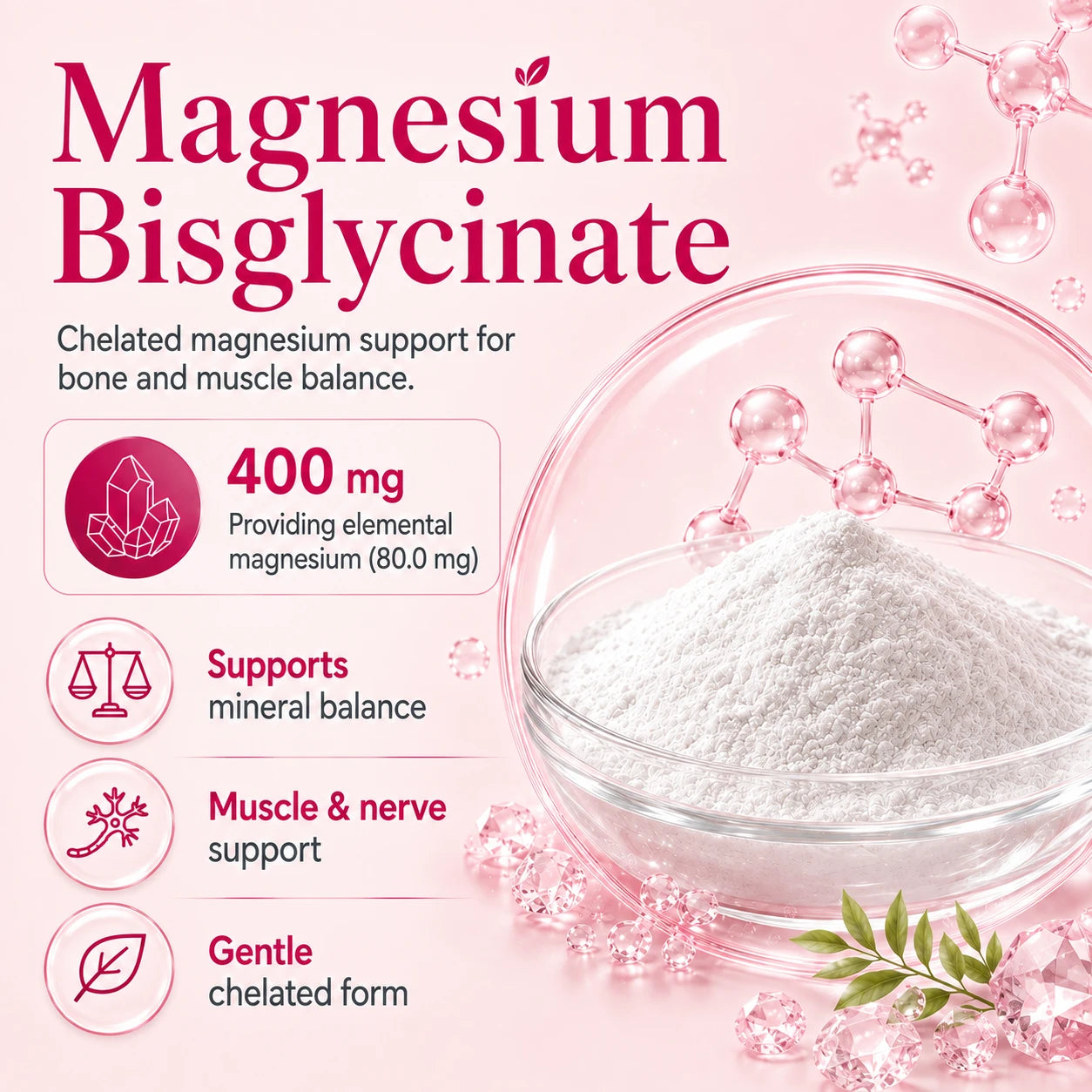 BioTonix BioFemme Osteo 400mg Magnesium Bisglycinate powder graphic for bone density, muscle, and nerve support.