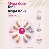 Diagram showing an 8-capsule daily dosage split into 4 morning and 4 night capsules for BioFemme P.C.O.S supplement.