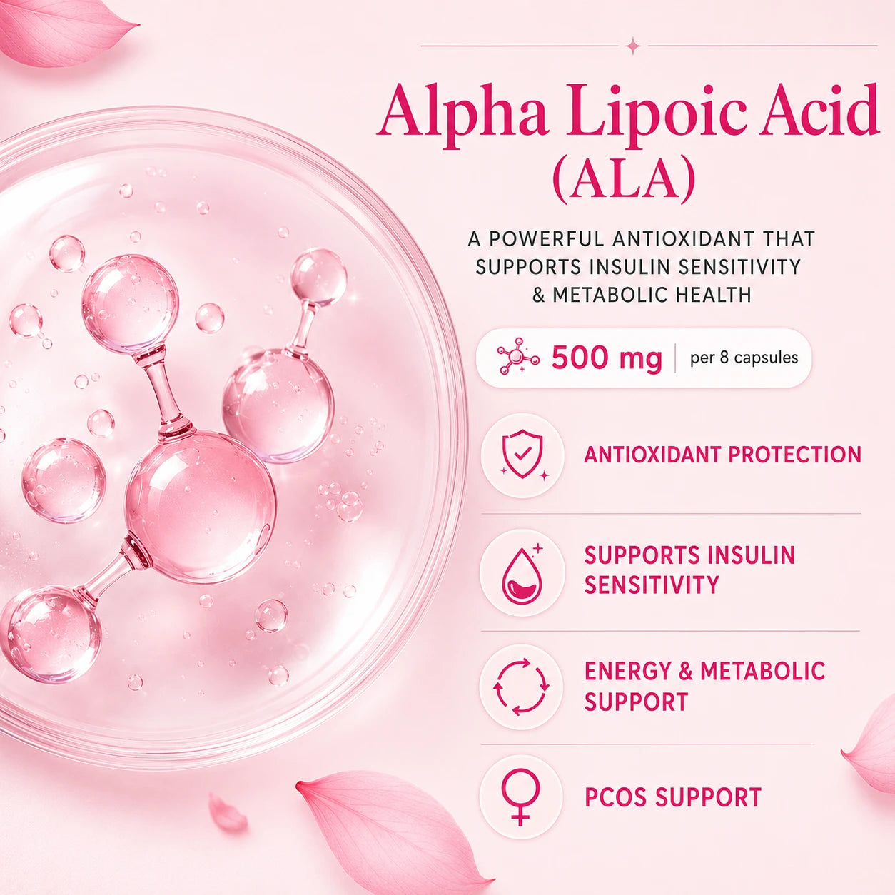 BioTonix BioFemme PCOS graphic displaying 500mg Alpha Lipoic Acid (ALA) for antioxidant protection, insulin sensitivity, and PCOS support.