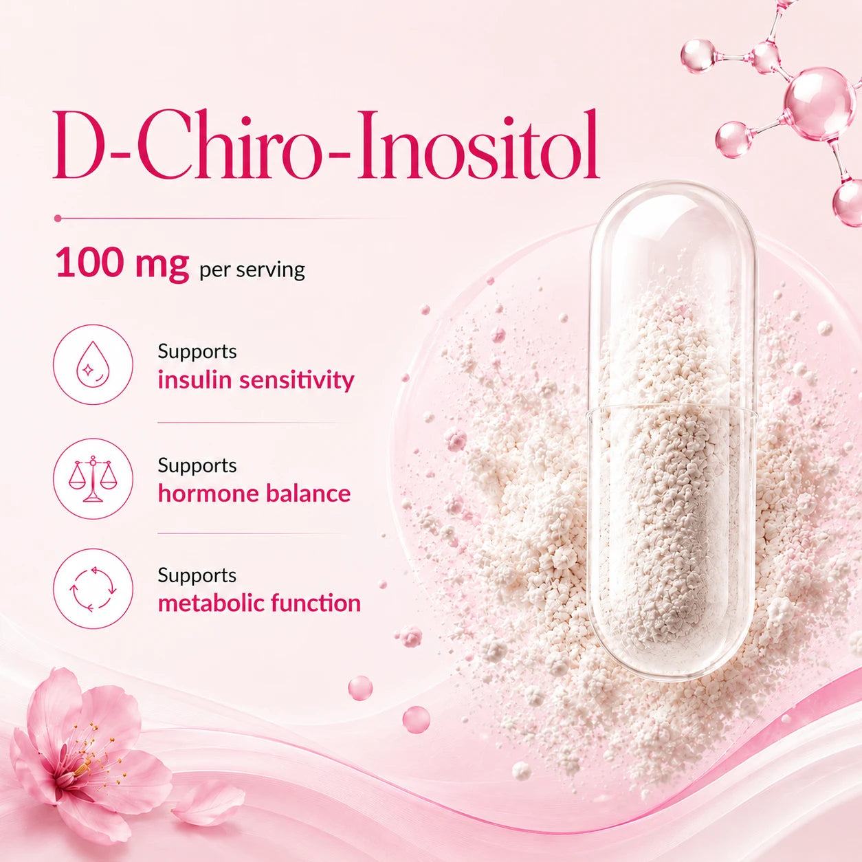 BioTonix BioFemme PCOS graphic highlighting 100mg D-Chiro-Inositol per serving for insulin sensitivity, hormone balance, and metabolic support.
