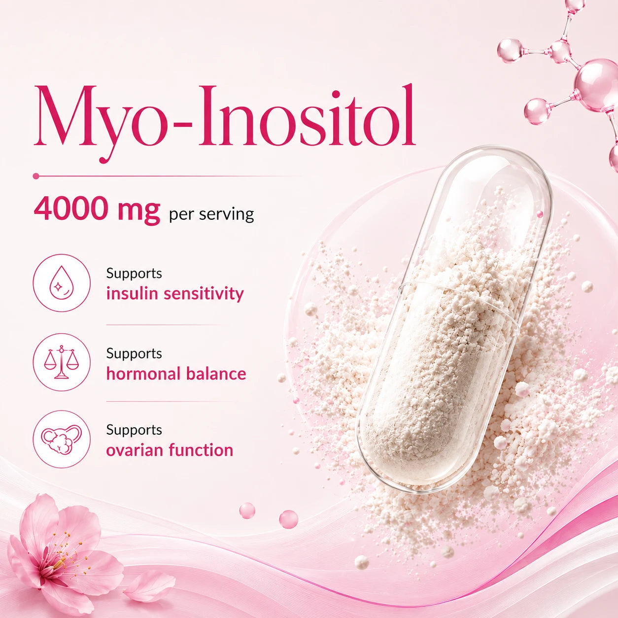 BioTonix BioFemme PCOS graphic showcasing 4000mg Myo-Inositol per serving supporting insulin sensitivity, hormonal balance, and ovarian function.