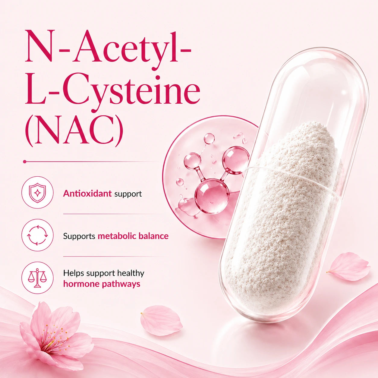 BioTonix BioFemme PCOS graphic detailing N-Acetyl-L-Cysteine (NAC) benefits for antioxidant support, metabolic balance, and healthy hormone pathways.