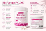 BioTonix BioFemme P.C.O.S supplement facts breakdown detailing Myo-Inositol, D-Chiro-Inositol, NAC, and Alpha Lipoic Acid amounts.