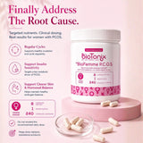 BioTonix BioFemme P.C.O.S supplement tub on a display stand highlighting key benefits for regular cycles and insulin sensitivity.
