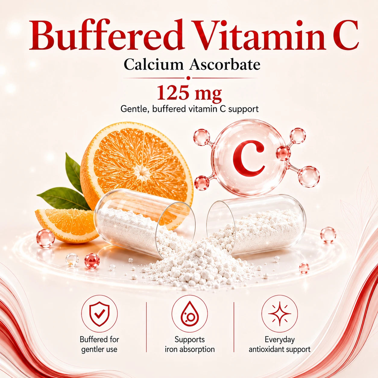 BioTonix BioFerrous Iron graphic showing 125mg Buffered Vitamin C as Calcium Ascorbate with sliced oranges and open capsule.