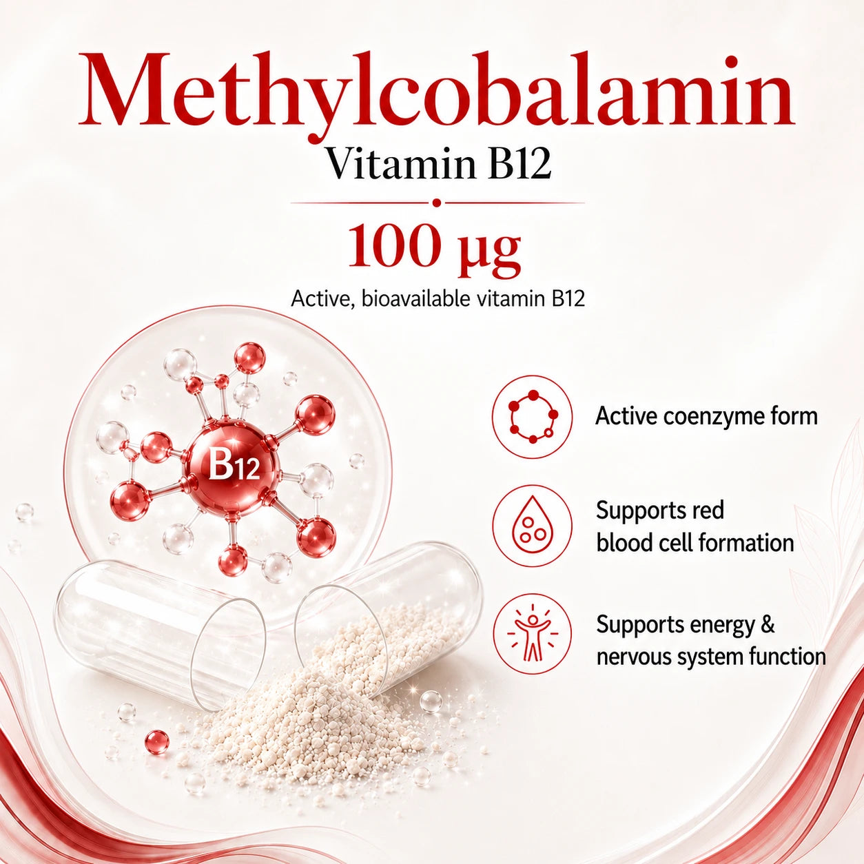 BioTonix BioFerrous Iron graphic showcasing 100mcg Vitamin B12 as bioavailable Methylcobalamin alongside red blood cell support benefits.