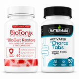 BioTonix BioGut Restore and Naturmade Activated CharcoTabs digestive reset bundle supplement bottles side by side
