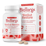 BioTonix BioGut Restore doctor-formulated supplement bottle and box packaging with digestive health tablets
