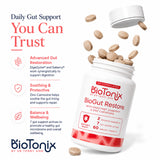 BioTonix BioGut Restore bottle with tablets showing DigeZyme, Saberry, and Zinc Carnosine active ingredients for daily gut support