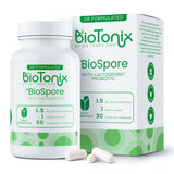 BioTonix BioSpore probiotic bottle and packaging box showing 1.5 Billion CFU per capsule formula.