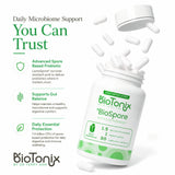BioTonix BioSpore supplement bottle with floating capsules highlighting daily gut microbiome support and acid resistance.