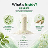 Visual breakdown of BioTonix BioSpore capsule contents including LactoSpore Bacillus coagulans probiotic and prebiotic chicory root inulin.