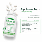 BioTonix BioSpore supplement facts label displaying per-serving amounts of LactoSpore probiotic and Orafti FOS prebiotic inulin.