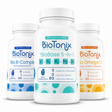 BioTonix Daily Essentials Bundle featuring BioBase 5-in-1, Bio B-Complex, and Bio Omega-3 supplement bottles
