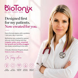 Portrait of Dr. Terry Ann with a stethoscope promoting doctor-formulated BioFemme supplements for PCOS and cycle balance.