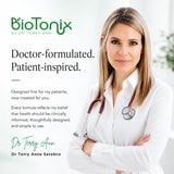 Dr. Terry Anne Serebro, founder of BioTonix, in a white coat with a stethoscope.