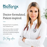 Dr. Terry Ann with a stethoscope promoting BioTonix doctor-formulated and patient-inspired health supplements.