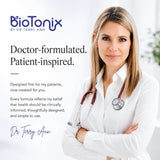 Dr. Terry Ann in a white coat with a stethoscope promoting BioTonix doctor-formulated supplements.