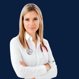 Professional headshot of Dr. Terry Ann wearing a white shirt and stethoscope against a navy blue background.