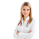 Portrait of BioTonix founder Dr. Terry Ann with crossed arms and stethoscope, left-aligned on a transparent background.
