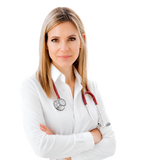 Portrait of BioTonix founder Dr. Terry Ann with crossed arms and stethoscope, right-aligned on a transparent background.