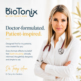 Dr. Terry Ann Serebro wearing a stethoscope alongside BioTonix doctor-formulated and patient-inspired branding.