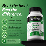Infographic highlighting debloat, gas absorption, and detox support for Naturmade Charco Caps.