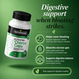 Naturmade Activated Charco Caps bottle showing digestive support and bloating relief benefits.
