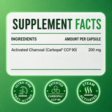 Supplement facts label for Naturmade Activated Charco Caps showing 200mg Carbopal CCP90 per capsule.
