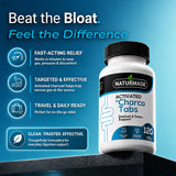 Fast-acting bloating relief and gas absorption feature infographic for Naturmade Charco Tabs 120s.
