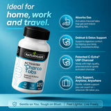Naturmade Charco Tabs 120s bottle highlighting daily digestive and travel support benefits.
