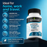 Naturmade Charco Tabs bottle with key feature badges for gas absorption and detox support.
