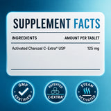 Supplement facts label for Naturmade Charco Tabs showing 125mg C-Extra USP charcoal and GMP certification badge.
