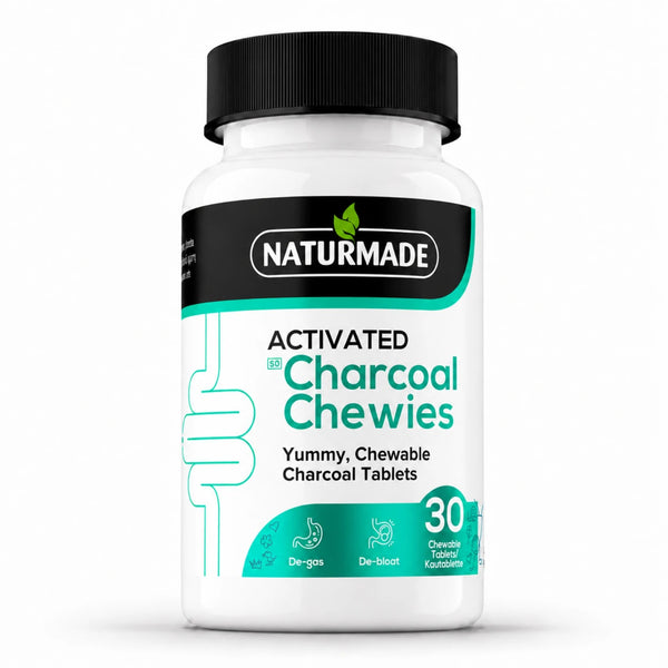 Naturmade Activated Charcoal Chewies 30 chewable tablets bottle front view.
